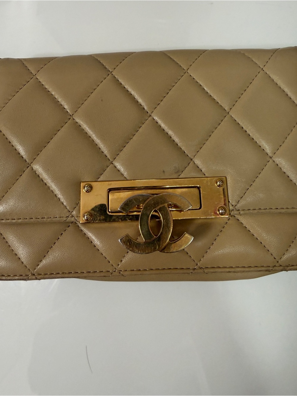 CHANEL Quilted Lambskin Clutch in Tan with Gold Hardware